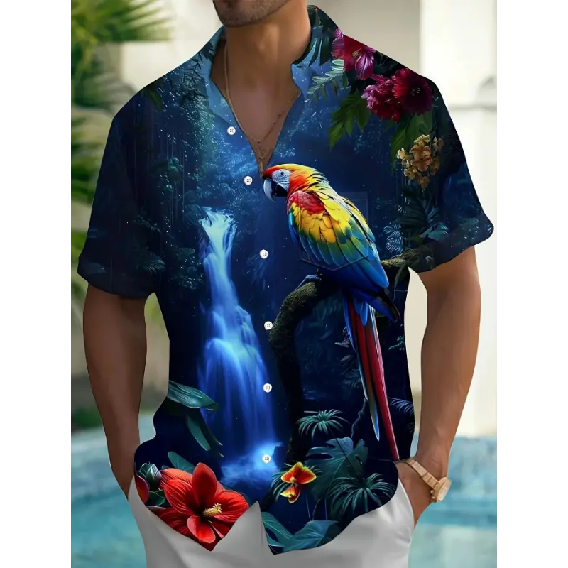 Men'S Short-Sleeve Aloha Shirt with 3D Digital Print of Hawaiian Parrot Flowers in Gradient.