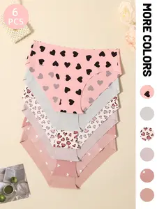 Women's Heart Print Panties, Heart Pattern Brief, Soft Comfortable Invisible Fit, Triangle Underwear Set, 6 Pieces, Skin-Friendly