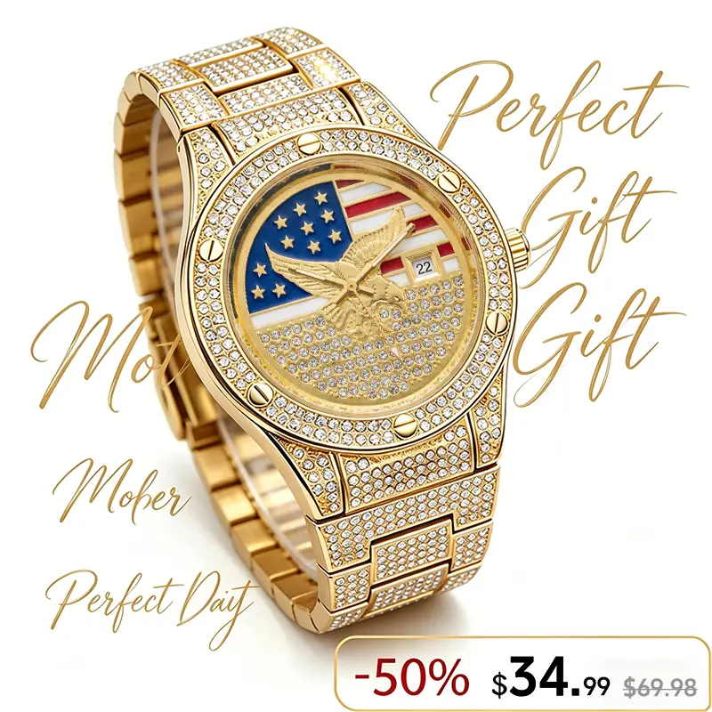 Iced Out Gold US Flag Eagle Watch Diamond Quartz Watch Luxury Stainless Steel Wristwatch Unisex Waterproof Analog Watch Gold Tone Bracelet Watch Statement Wristwatch Durable Metal Band Watch Casual Daily Wear Watch Gift for Men Women Flash Sale