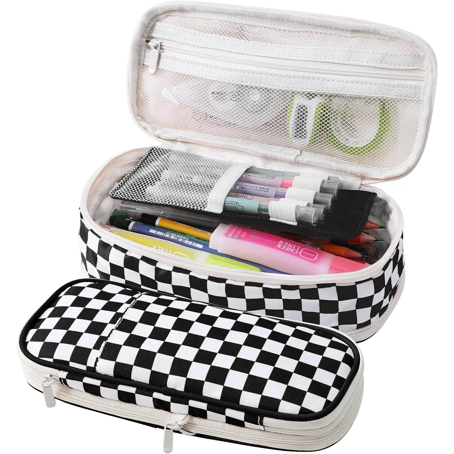 Large Checkered Zipper Pencil Case Pouch, Multifunctional Stationery Bag for Teens, Office School Supplies (Black), Color Pencils