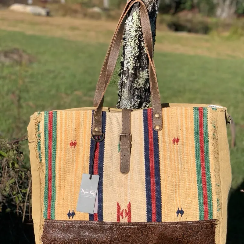 Myra Dependable Weekender Bag - Striped Tote with Leather Handles & Zip Closure for Travel and Everyday Use