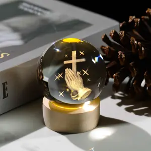 3D Cross Crystal Ball Figurine with Wooden Light Base, Laser Engraved Praying Hands, Religious Gifts for Women Men, Home Decor, Stylish Religious Decor, Wooden Cross Decorations