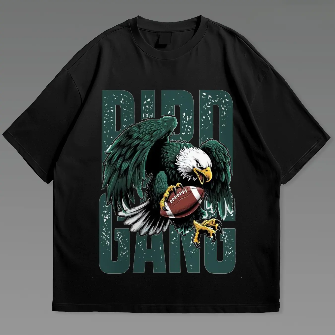 Black Short-Sleeve Tee with Bold Eagle & Football Graphic - “Bird Gang” Text Print, Retro Sports-Themed Casual Streetwear Top for Daily Wear