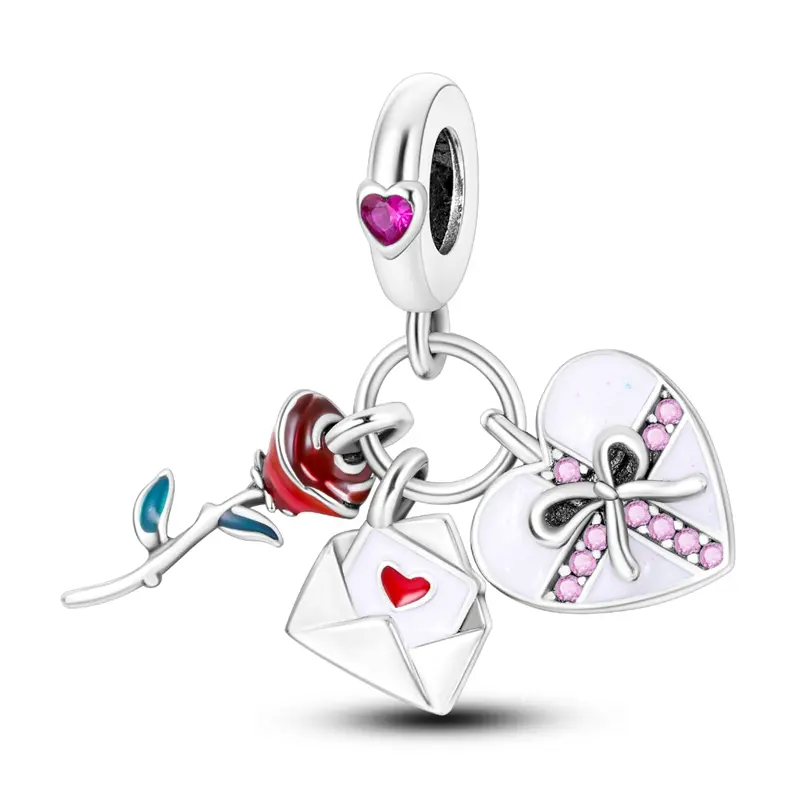 MULA Women's S925 Silver-Plated Cubic Zirconia Charm Pendant with Romantic Love Letter, Rose & Heart Design, Casual Jewelry for Bracelets, Anniversary & Valentine's Day Gift, Cubic Zirconia Pendant, Valentines Day, Enamel Charms
