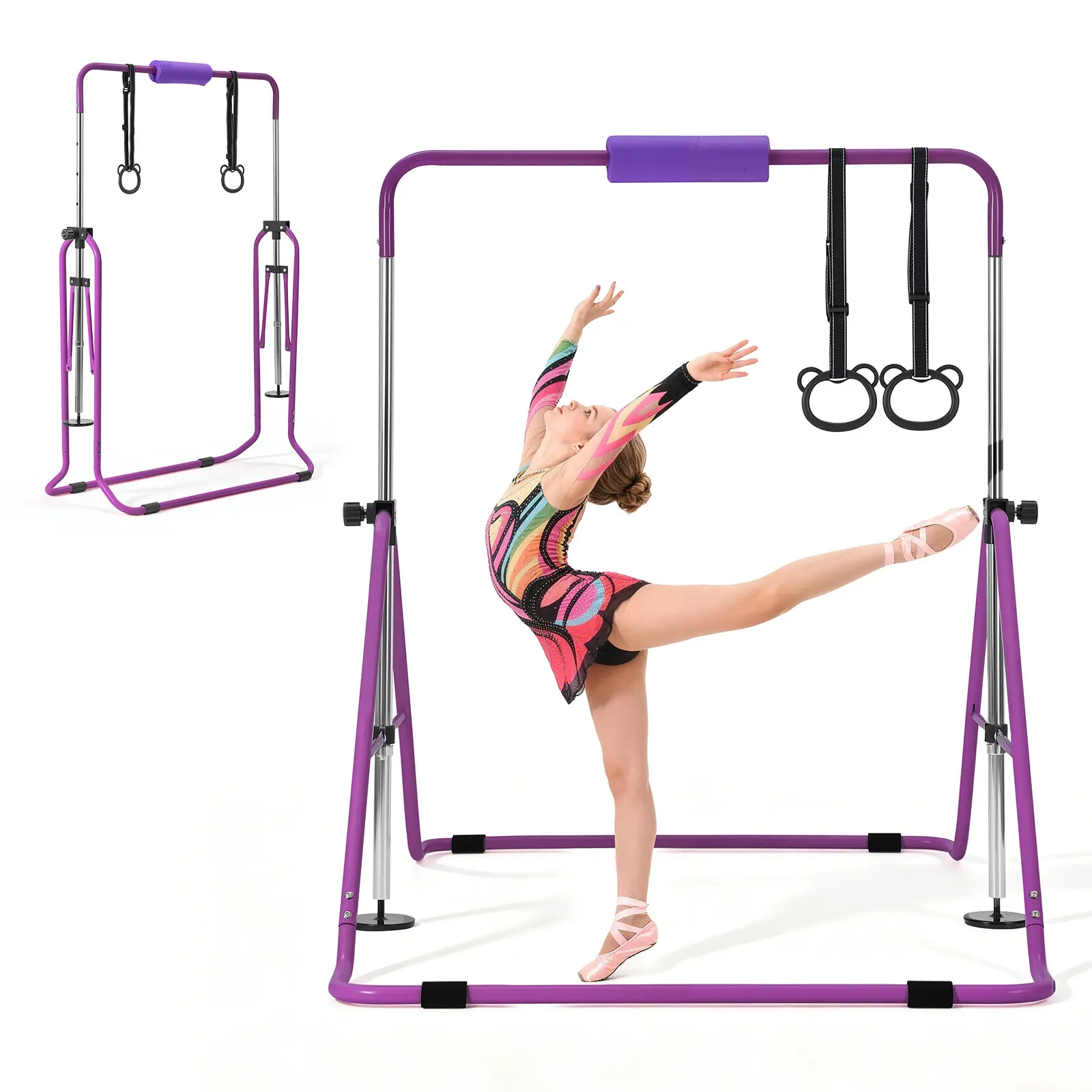 VEVOR Gymnastic Bars for Kids, 140 lbs Capacity Folding Training Kip Bar, Adjustable Height Gymnastic Horizontal Bar for Home, Training Equipment for Indoor and Outdoor, Easy to Assemble, Purple