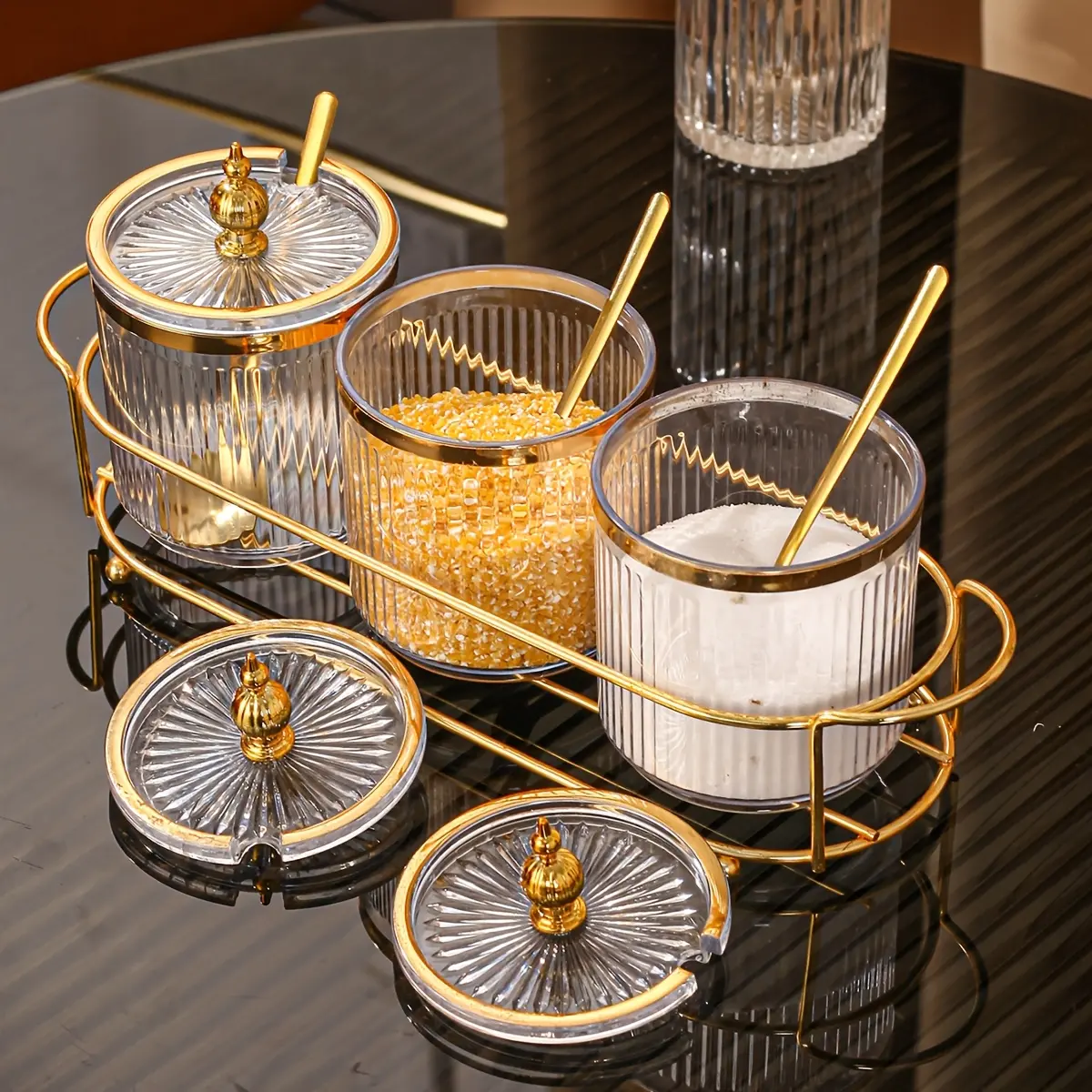 Luxury Gold Rim Spice Jar Set with Golden Rack – Kitchen Organization Must-Have Gold-Plated Spice Jar Rack Combo – Elevate Your Countertop Aesthetic