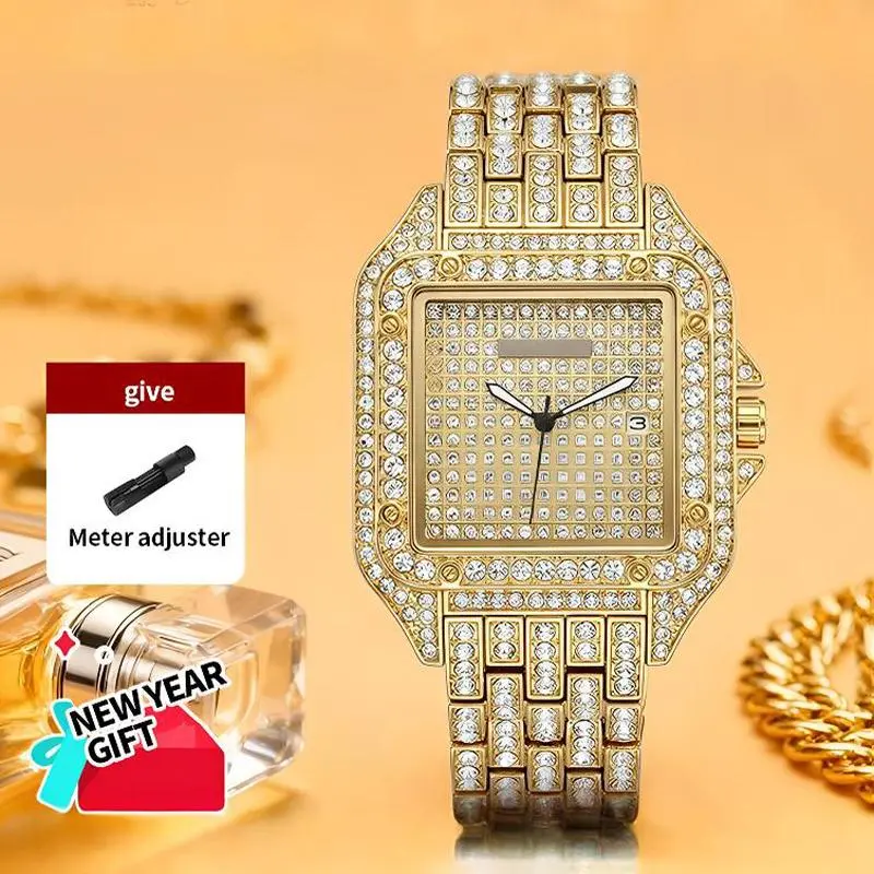 Women's Luxury Fully Blinged Alloy 38mm Gold Square Quartz Hidden Golden Watch - Diamond Encrusted, Glamorous, Roman Numerals, Date Display, Stainless Steel Band, 30M-50M Analog Watch, Perfect Gift for Wife