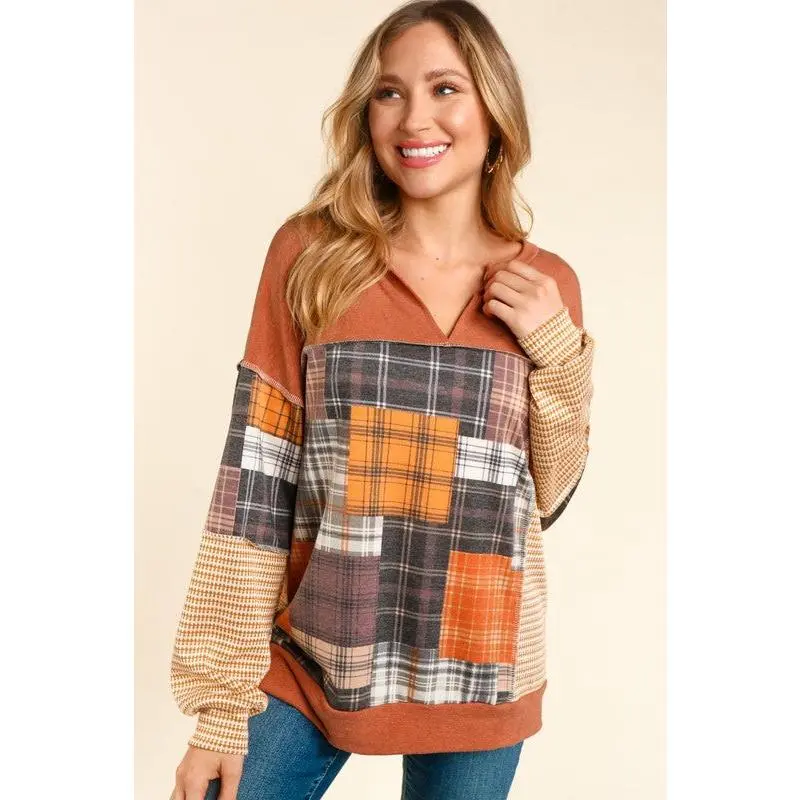 Pumpkin Patch Colorblock Patchwork Top - Rust/Charcoal/Mustard
