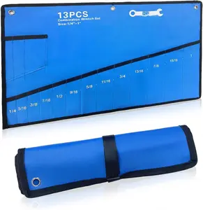 13+1 Pockets Wrench Roll Up Pouch, Wrench Tool Organizer Roll Up SAE Wrench Roll Bag (Only Pouch)