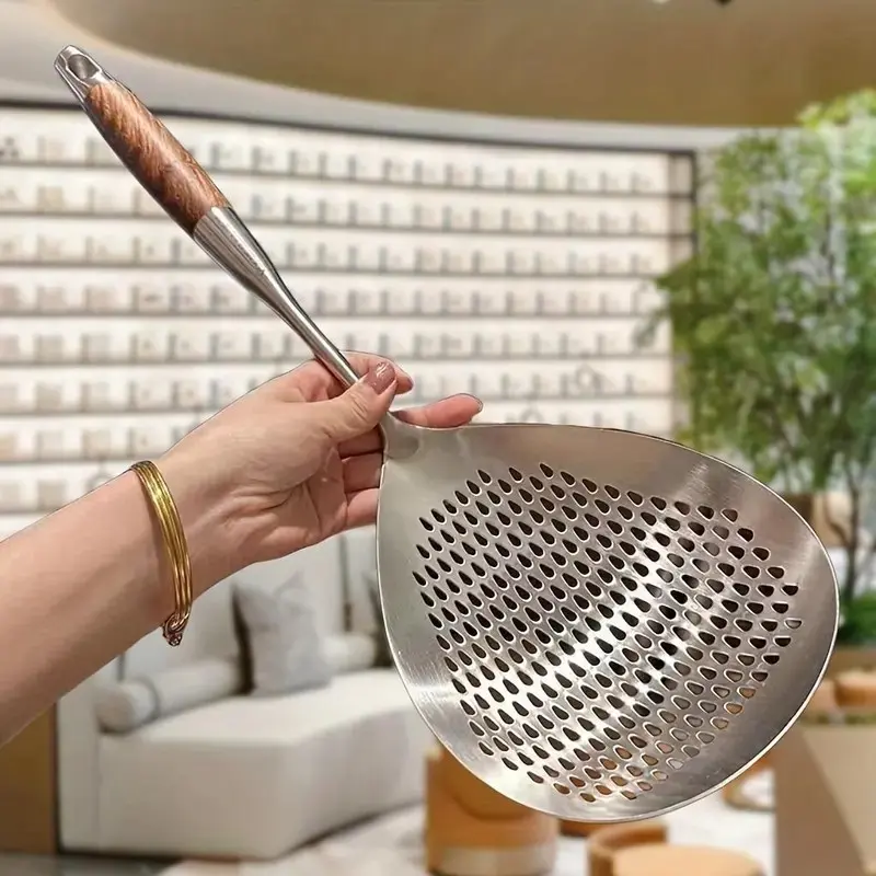 Stainless Steel Large Colander, 1 Count Kitchen Food Egg Noodles Dumplings Filter with Wooden Handle, Durable Kitchen Utensils for Cooking & Baking, Kitchen Strainer Utensils kitchenware sieve Dishwasher  Scoop and Funnel Set Spoon