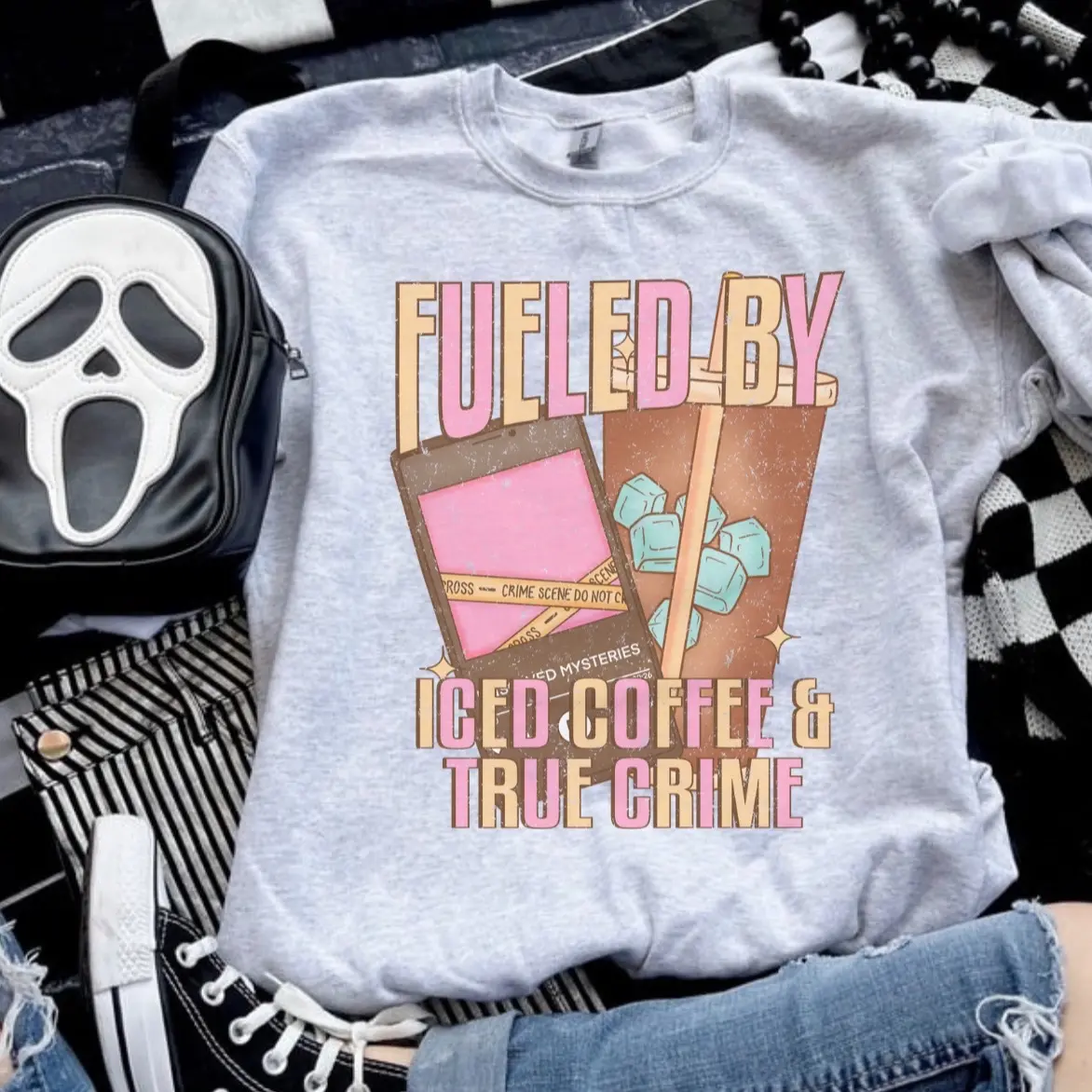 Unisex Jersey Hoodie, Fueled By Iced Coffee And True Crime Design, Ash Grey Sublimation Clothing, Petty Vibe, Love-Infused Fabric, Long Sleeves Sweatshirt