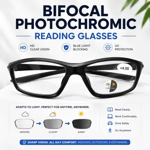 Bifocal Photochromic Reading Glasses for Men & Women, Light Adaptive Dual Zone Readers, Blue Light Filtering HD Lenses, Lightweight Eyeglasses for Reading & Outdoor Use