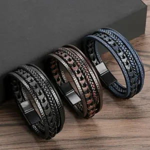 1 piece of a multi-layer leather rope woven bracelet with a magnetic buckle, suitable for men's daily wear.
