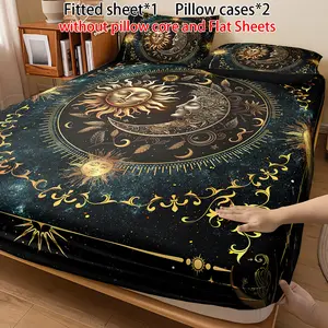 3PCS Sun Moon Totem Fitted Sheet Set (1 Fitted Sheet + 2 Pillowcases without Pillow Cores), High-Definition Digital Printing, Mysterious Universe, Vintage Starry Dreams, Mystical Ceremonial Feel, Home Bedding Dormitory Bedding