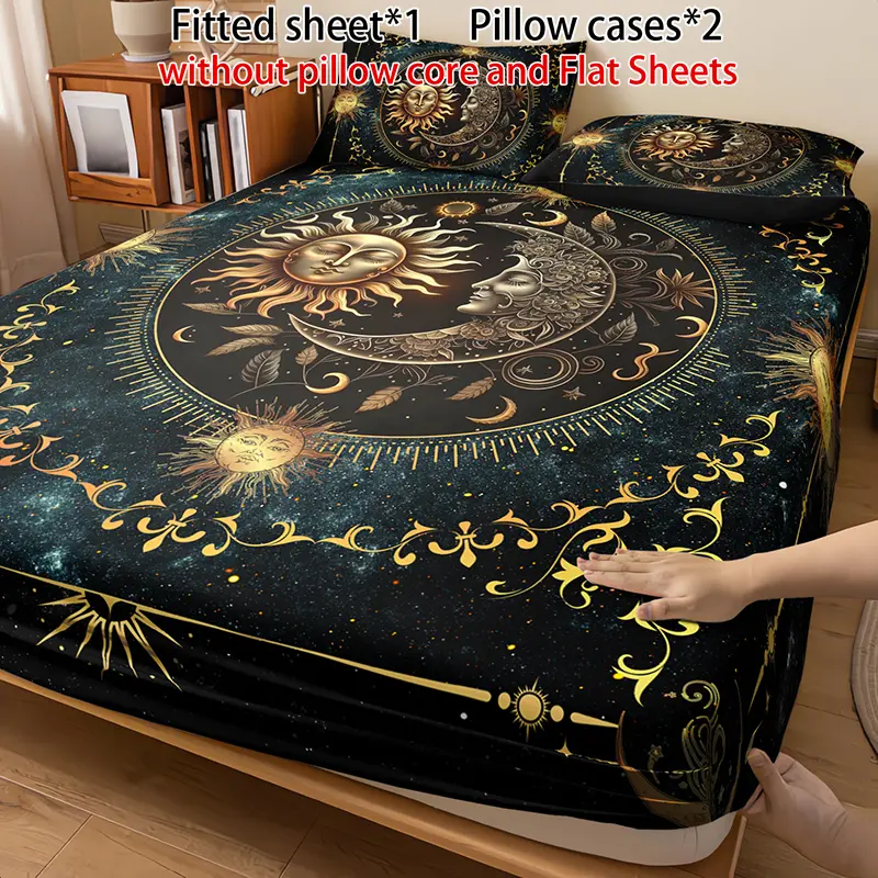 Luxury Black Gold Sun Moon fitted Sheet Set (1 fitted  Sheet + 2 Pillowcases ,Without Pillow Core), Home Dormitory High-Definition Digital Printing, Unlocking Vintage Mystical Sleep Aesthetic Microfiber Bedding bed sheets