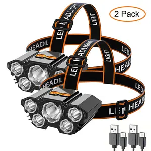 Two multi-functional 5 LED headlamps, a rechargeable USB-powered headlamp for wearing (with cable), adjustable mode, suitable for outdoor camping, night fishing, hiking, hunting and home emergency lighting.