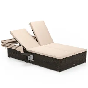 COSTWAY - Patio Double Chaise Lounge with Shade Cushions and Folding Side Trays-Beige