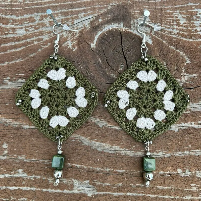 Olive Green and Cream Micro Crochet Earrings with Beaded Dangles and Square Design
