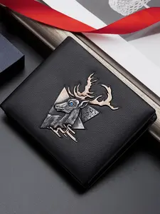 BISON DENIM Men's Genuine Leather Wallet, Anti-Theft Card Holder, Animal Print Casual Vintage Double Fold Short Wallet, Best Gift for Boyfriend Husband Father