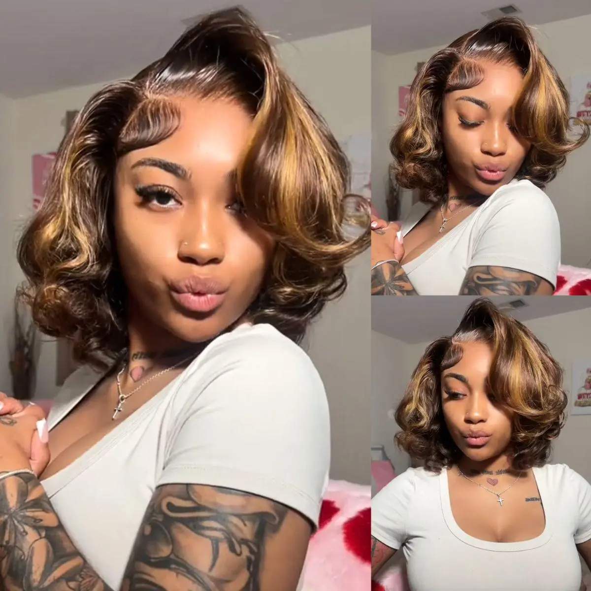 Menglle Side Part Honey Blonde Highlight 7x6 Pre Cut Lace Bouncy Body Wave Bob Wig Human Hair Wigs Natural And Voluminous#Summervibes#DealsForYouDays, Premium Human Hair, Glueless Human Hair
