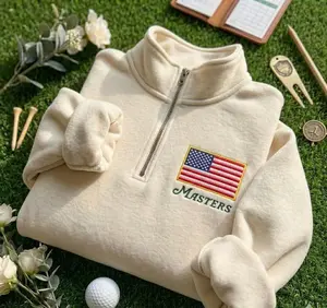 Masters Golf Embroidered Quarter Zip, Augusta Preppy Embroidery Sweatshirt, Flag USA Shirt, Country Club Style