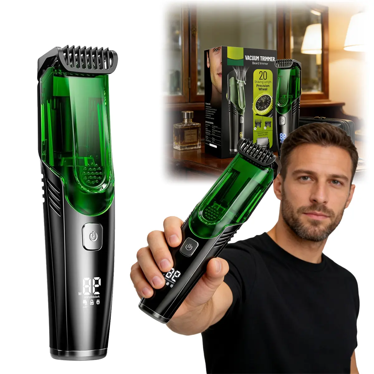 Father's Day Gift, Vacuum Beard Trimmer for Men, IPX7 Waterproof Rechargeable Electric Shaver with Adjustable Comb, Built-in Vacuum for Facial Hair Stubble Sideburns