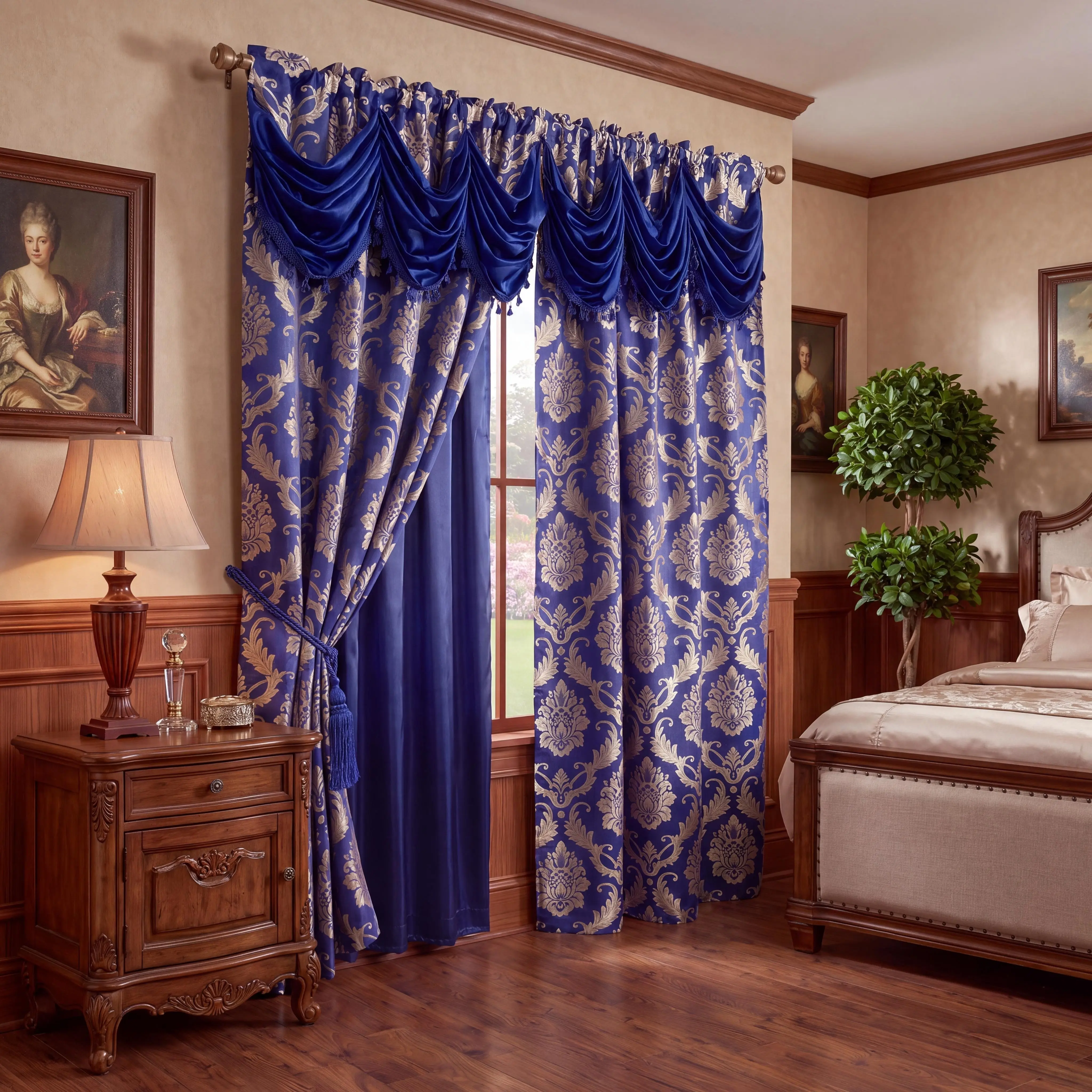 Blackout Curtain Set 2 Panels, Baroque Damask Jacquard with Attached Waterfall Swag Valance & Fringe Trim, Satin Blackout Liner Rod‑Pocket Drapes for Formal Living Room Decor JV1