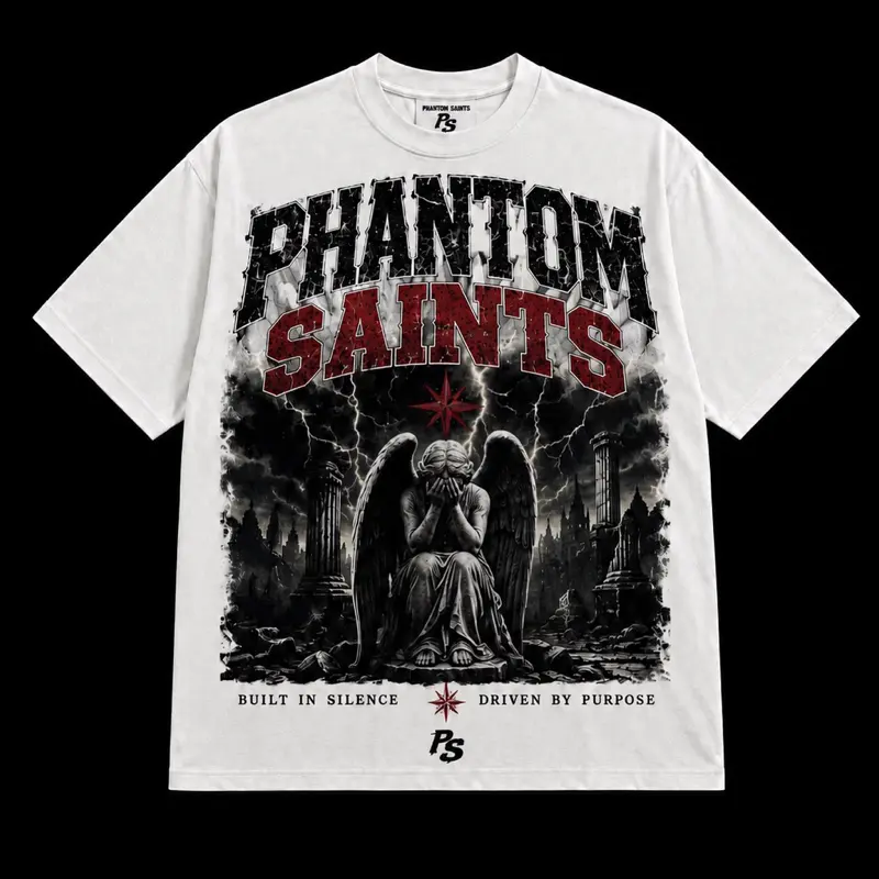 Men's PHANTOM SAINTS Silent Storm Graphic Print T-Shirt, Cotton Fabric, Cold Wash Compatible, Hangable Design