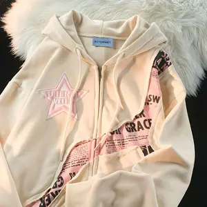 Style Star Letter Print Patchwork Cardigan Sweatshirt Women Loose Versatile Jacket Women's Drop Shoulder Line Print Hoodie Womenswear Tops Long Sleeve Pullover