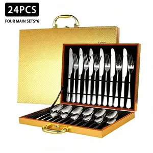 24-Piece Shiny Silver Stainless Steel Flatware Set, Mirror Polished Cutlery Utensils for Home Kitchen and Dining. With Elegant Gift Box, Ideal for Home, Restaurant, Party and Holiday Gifting outdoor party Premium Cutlery waterproof decor