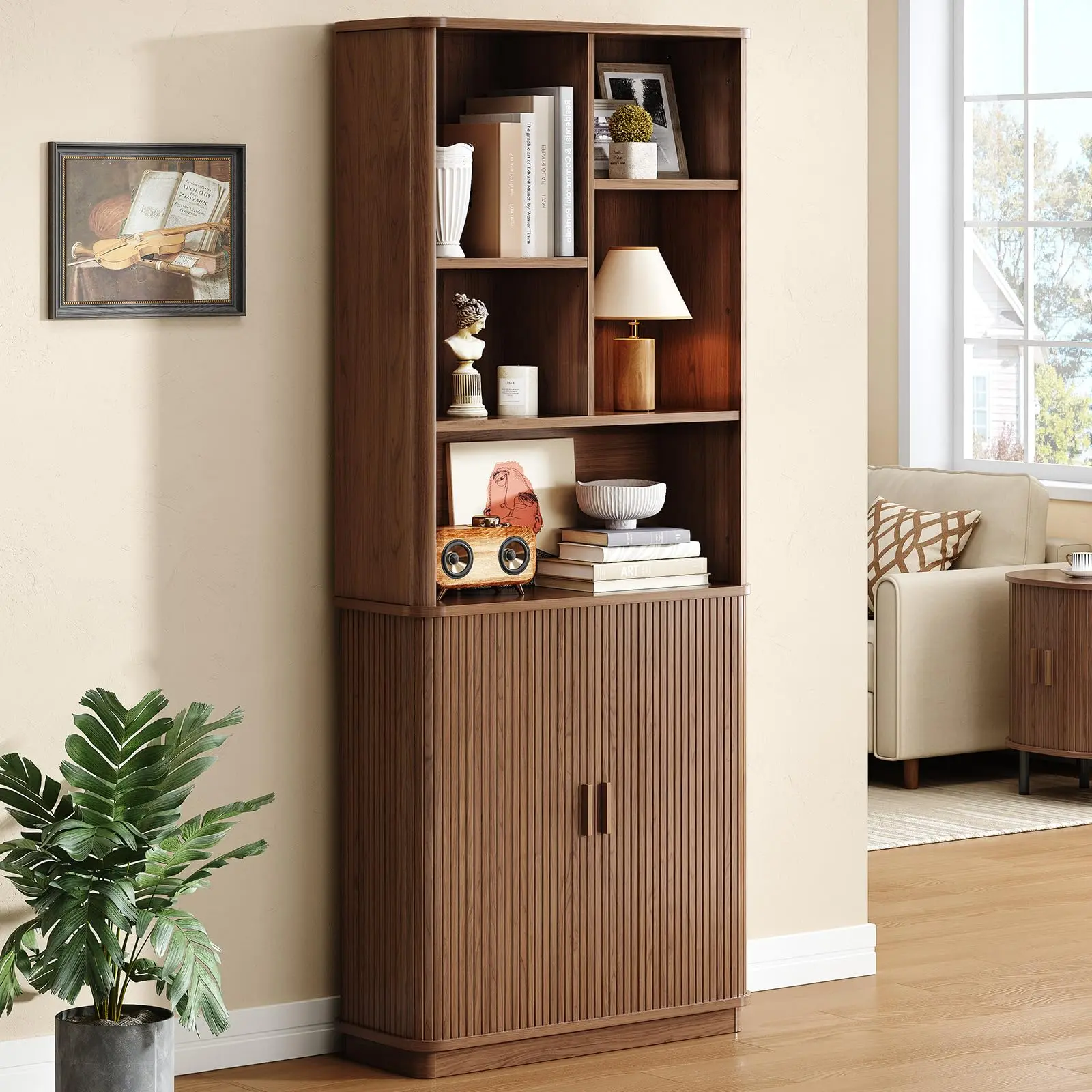 【SummerFinds】ONBRILL 71" Tall Cube Solid Wood Bookshelf - Modern Curve, Single Unit, Fire Safety Label, Freestanding, Adjustable Shelves, Sliding Door Storage Cabinet, Sturdy Pedestal for Home Office, Living Room