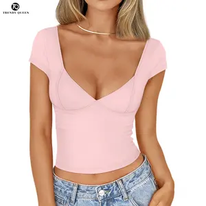 Trendy Queen women Deep V-Neck Backless Tops Short Sleeve Slim Fit T-Shirts Basic Y2K Tops Bustier Corset Cami 2025