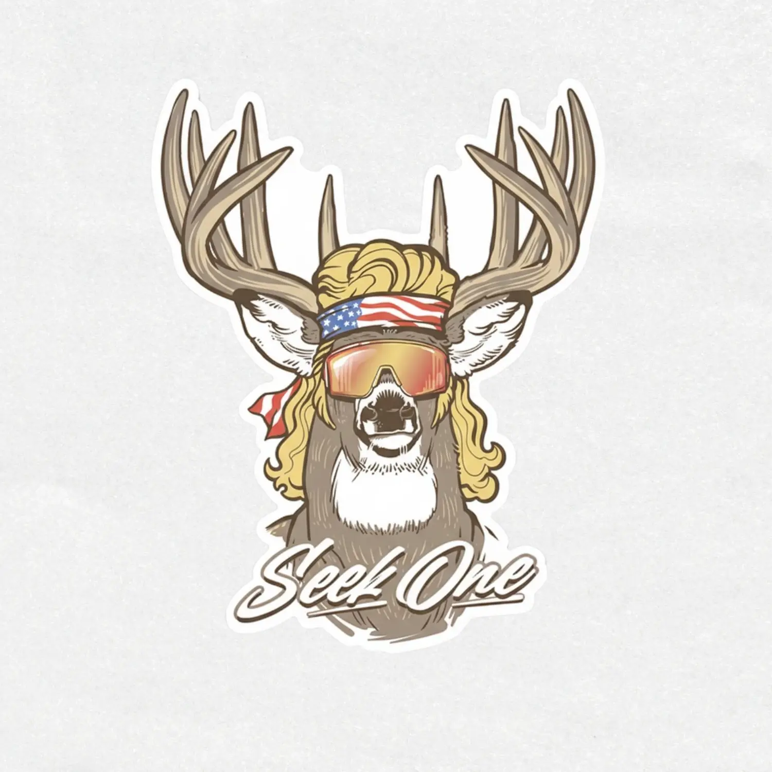 Seek One Patriotic Buck Deer Vinyl Sticker, American Flag Whitetail Decal, Mullet Hunter Sticker, Funny Hunting Waterproof Die-Cut Gift