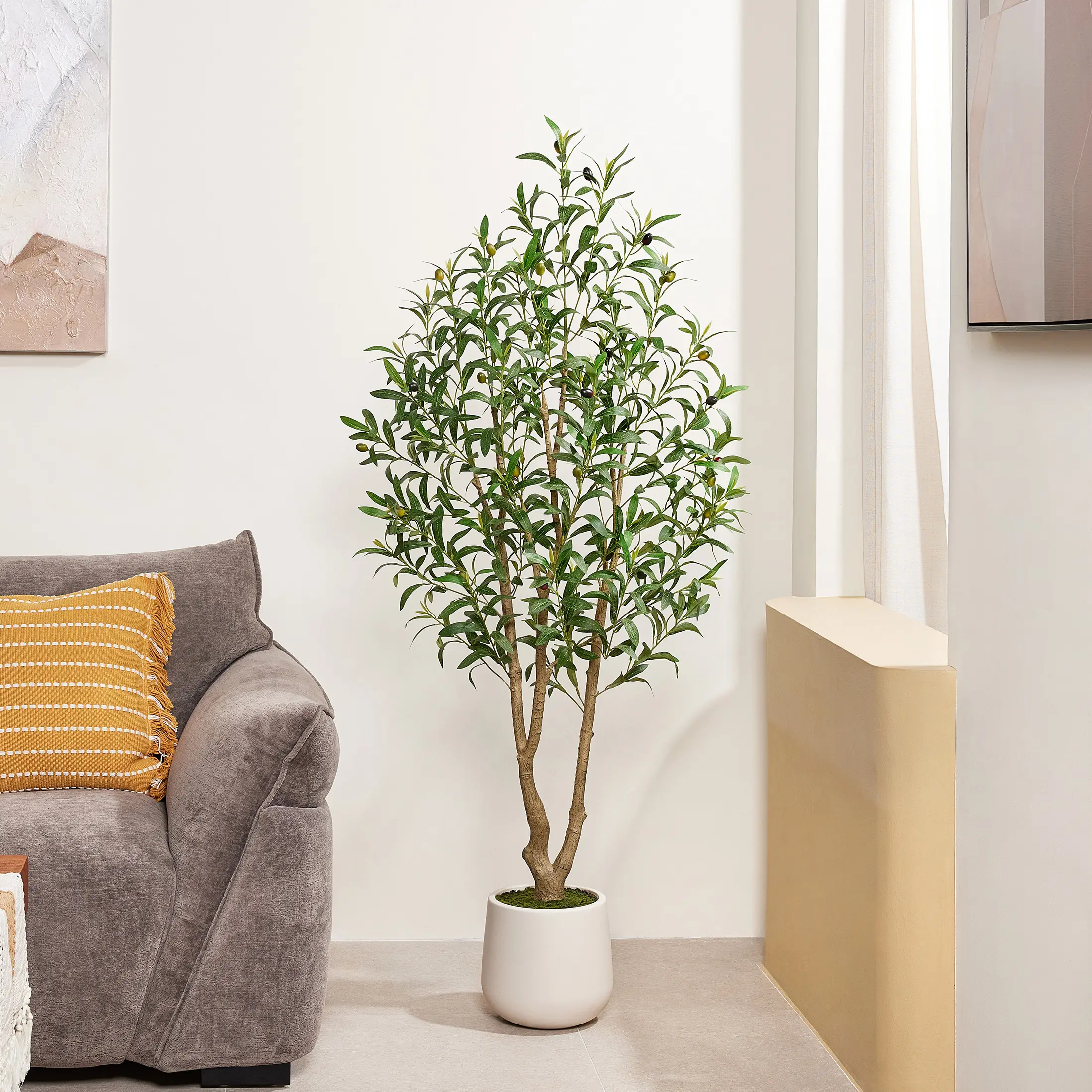 DR.Planzen 5-7FT Lightweight Artificial Olive Tree, Decorative Lifelike Faux Olive Plant with Plastic White Pot, Indoor Outdoor Home Decor