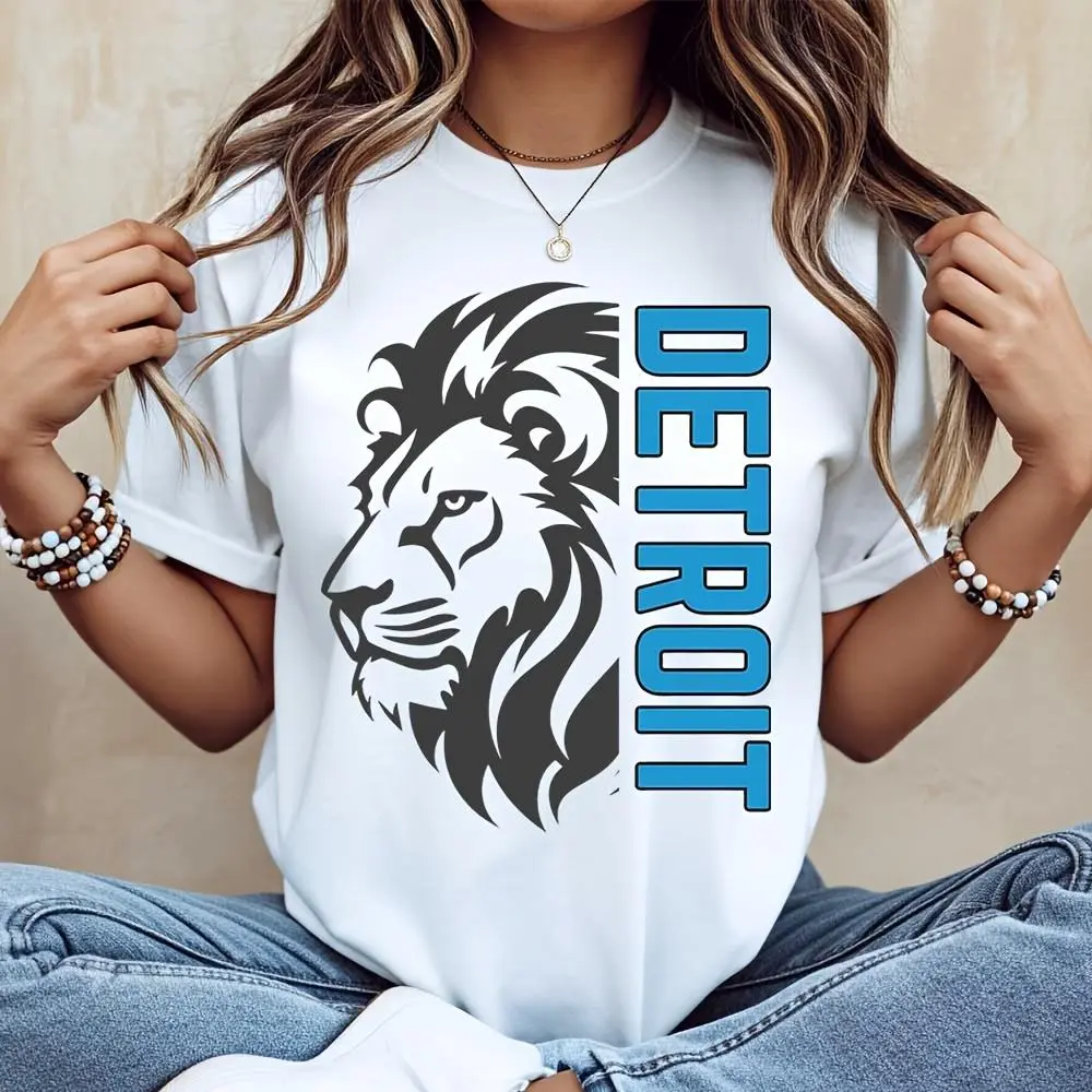 Lion Graphic And Detroit Text, T-Shirt, Sports Team Fan Apparel, Casual Daily Wear