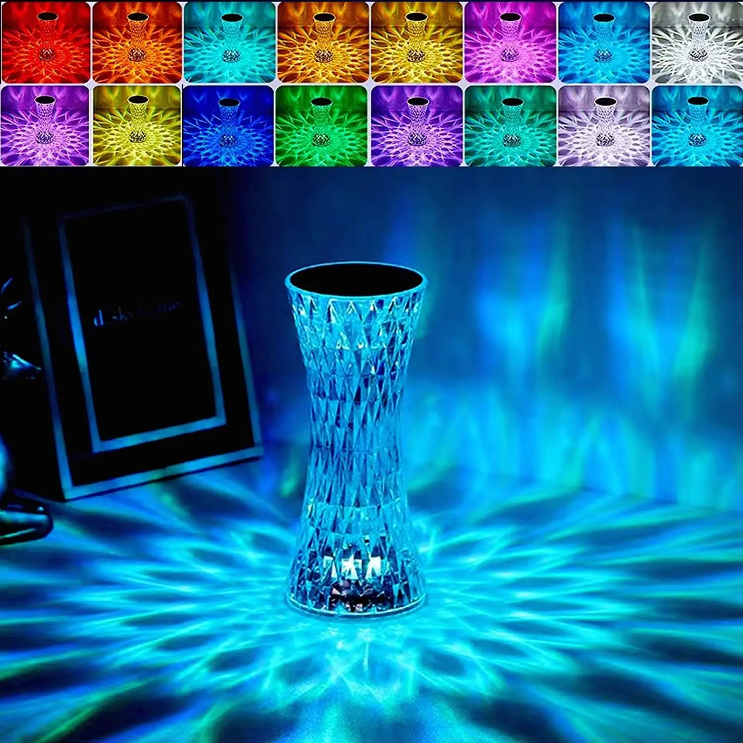 Classic Crystal Diamond-Shape Indoor Small Waist Table Lamp - 16 Color-Changing Colorful Decorative LED Mood Light, Touch & Remote Control, USB Rechargeable, 12h Light On Runtime, Bedroom Bedside & Christmas Decor