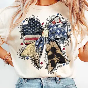 Coquette American T-Shirt, Honor the Brave, Memorial Coquette Bow Tee, 4th of July, America, Classic Fit, Short Sleeve, Casual Style - Fashion