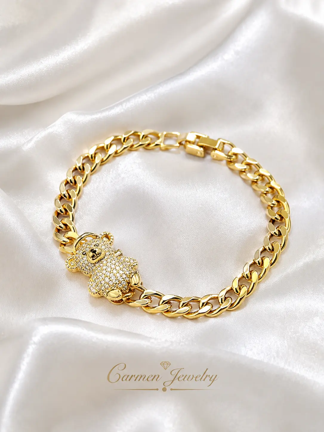 Gold Color Bear Charm Bracelet with Rhinestones and Chain Design for Women