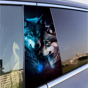 Wolf Car Window Stickers Set of 2, Durable Vinyl Material, Easy Application, Glossy Finish, Animal Theme, Blue Design, Universal Car Sticker