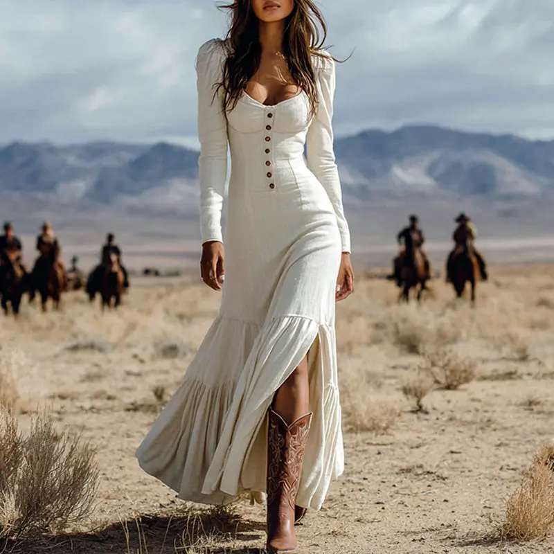 Women's Vintage Western Long Sleeve Ruffle Maxi Dress – Lace Trim Center Slit