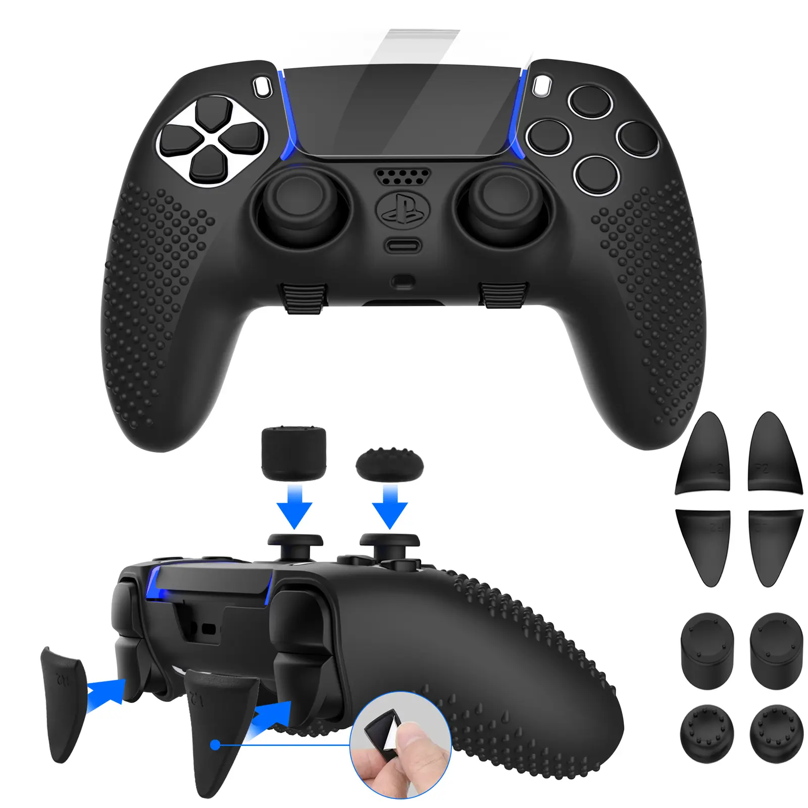 Black Skin Combo Set for PS5 Edge Controller, Thumb Caps for PlayStation 5 DualSense Controller, Triggers Extenders for DualSense and Touchpad Sticker