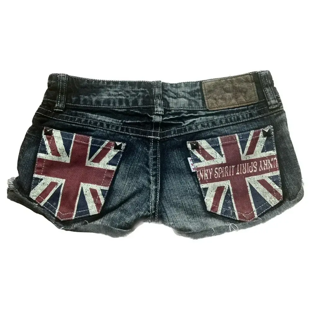 Union Jack Denim Shorts with "Lucky Spirit" Text - Trendy British Flag Design for Women's Fashion