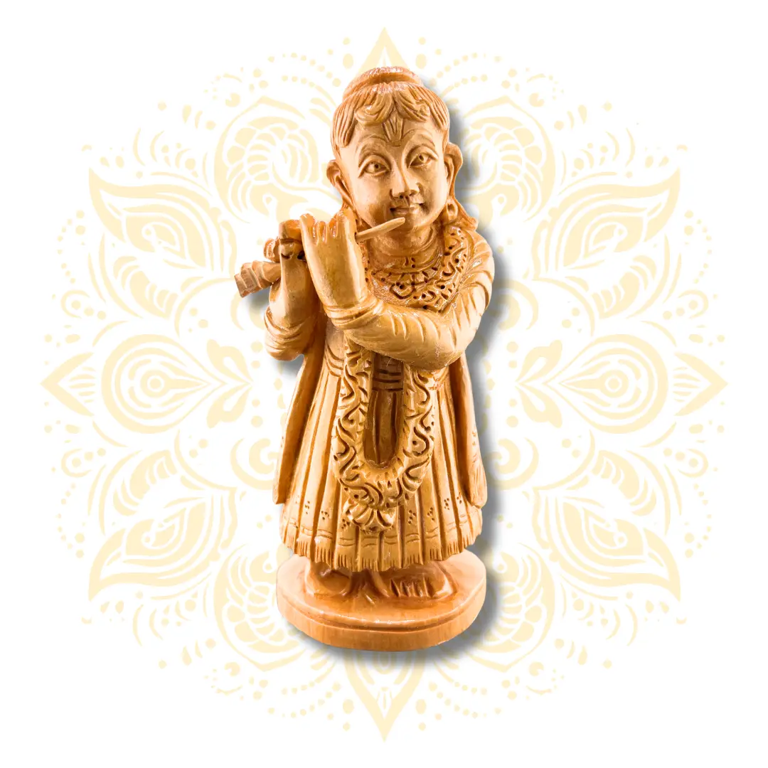 Hand Carved Wooden Krishna Playing Flute - 6"