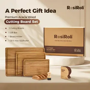 【NewYear2026】RosiRoli Wood Cutting Board Set- Small, Medium & Large Acacia Chopping Boards with Holder, Kitchen Wooden Cutting Board Set, Charcuterie Board Gift Set,Valentine’s Day Gift