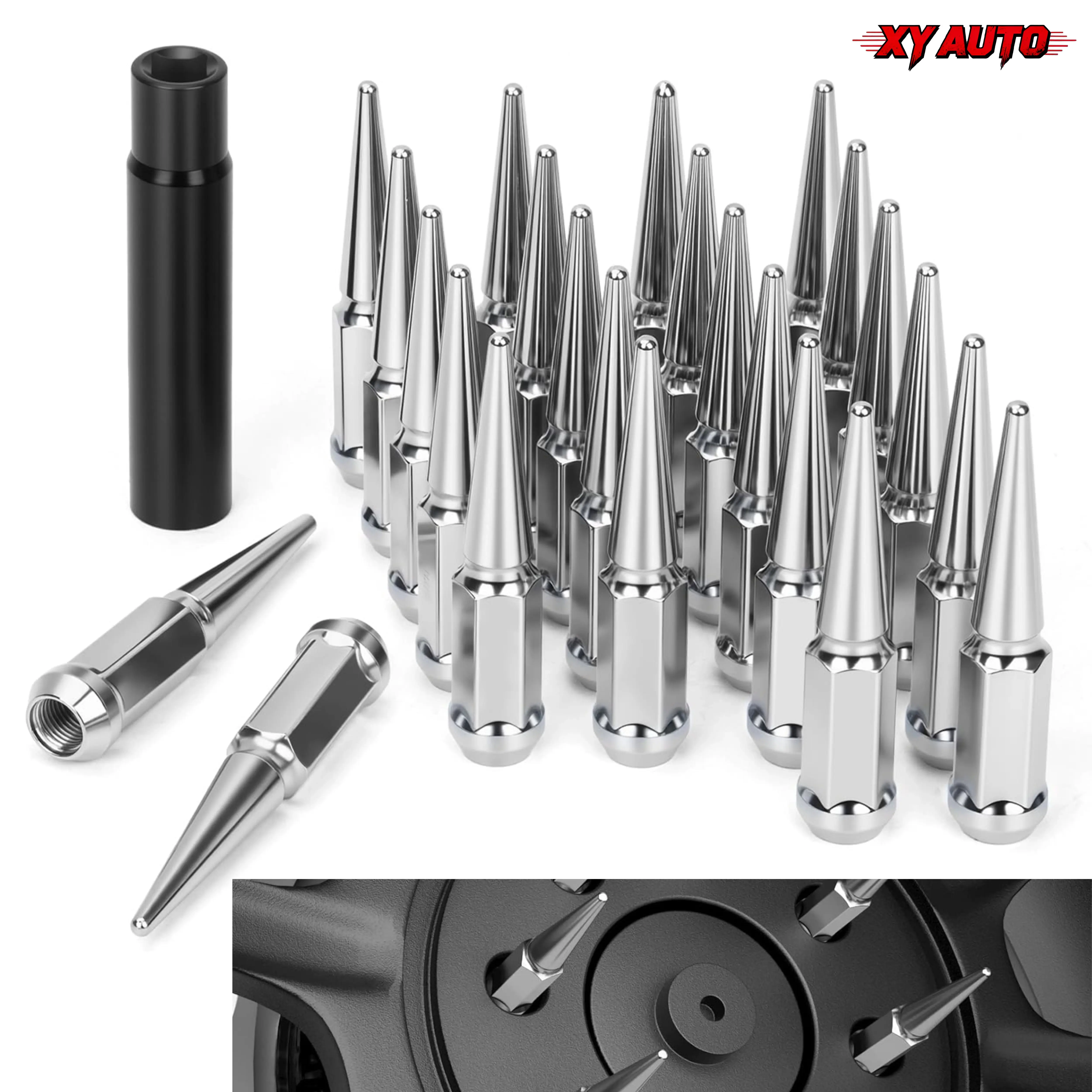 24Pcs M14x1.5 Chrome Wheel Lug Nuts, 14mm×1.5 Conical Bulge Seat Closed End Spike Lug Nuts, Silver Anti-Rust Wheel Fasteners with 1 Socket Key, Compatible with Chevy Silverado 1500 Aftermarket Wheels