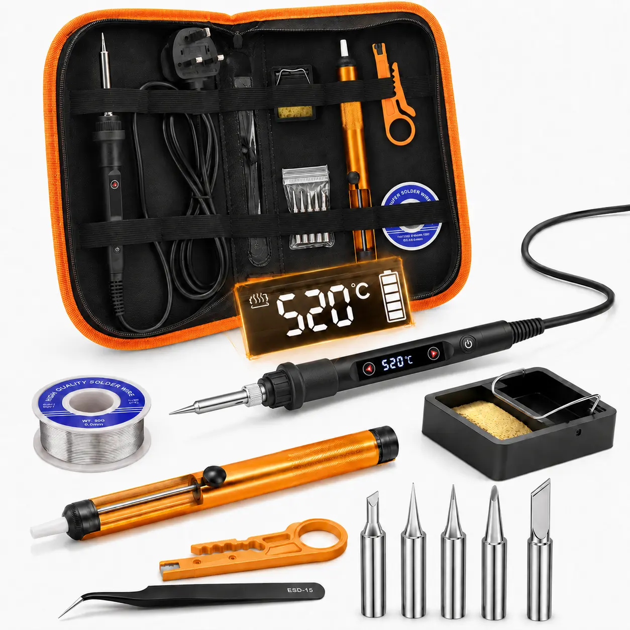 Soldering Iron Kit 80W LED Soldering Gun Adjustable Temp 356-968℉ 15s Fast Heating Electronics Welding Tools Precision Repair with Solder Wire, 5 Soldering Tips, Desoldering Pump, Stand, Tweezers