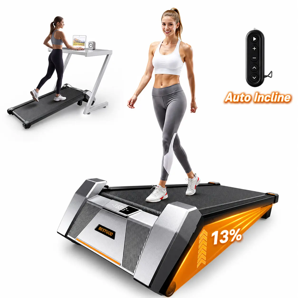 BestGod H6 Walking Pad Incline Walking Treadmill - 13% Auto Incline, Smart LED Display, 330 lbs Capacity, Shock-Absorbing Quiet Design, Remote Control, At Home Gym Equipment, Fitness Gift Choice, Walking Pads