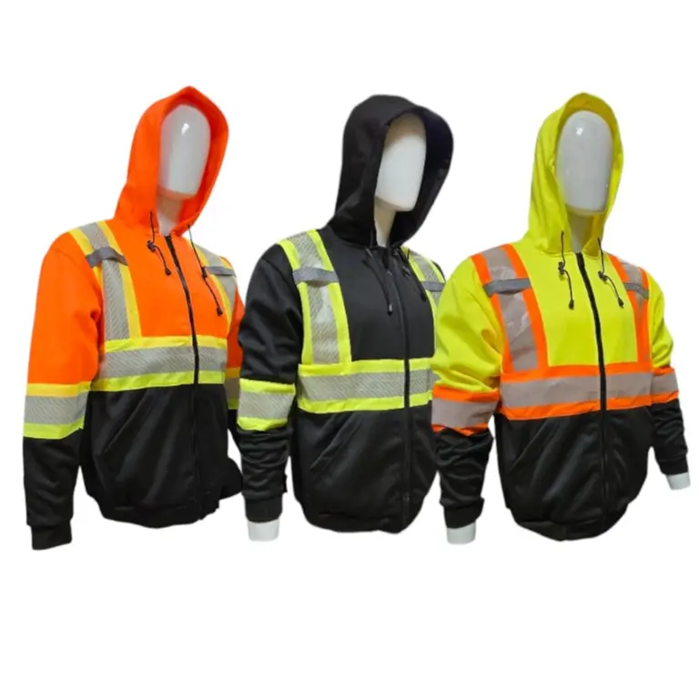 Men's High-Visibility Reflective Printed Polyester Safety Hoodie Sweatshirt - Hi Vis Jacket with Radio Strap, Workwear for Security Workers in Low-Light Conditions