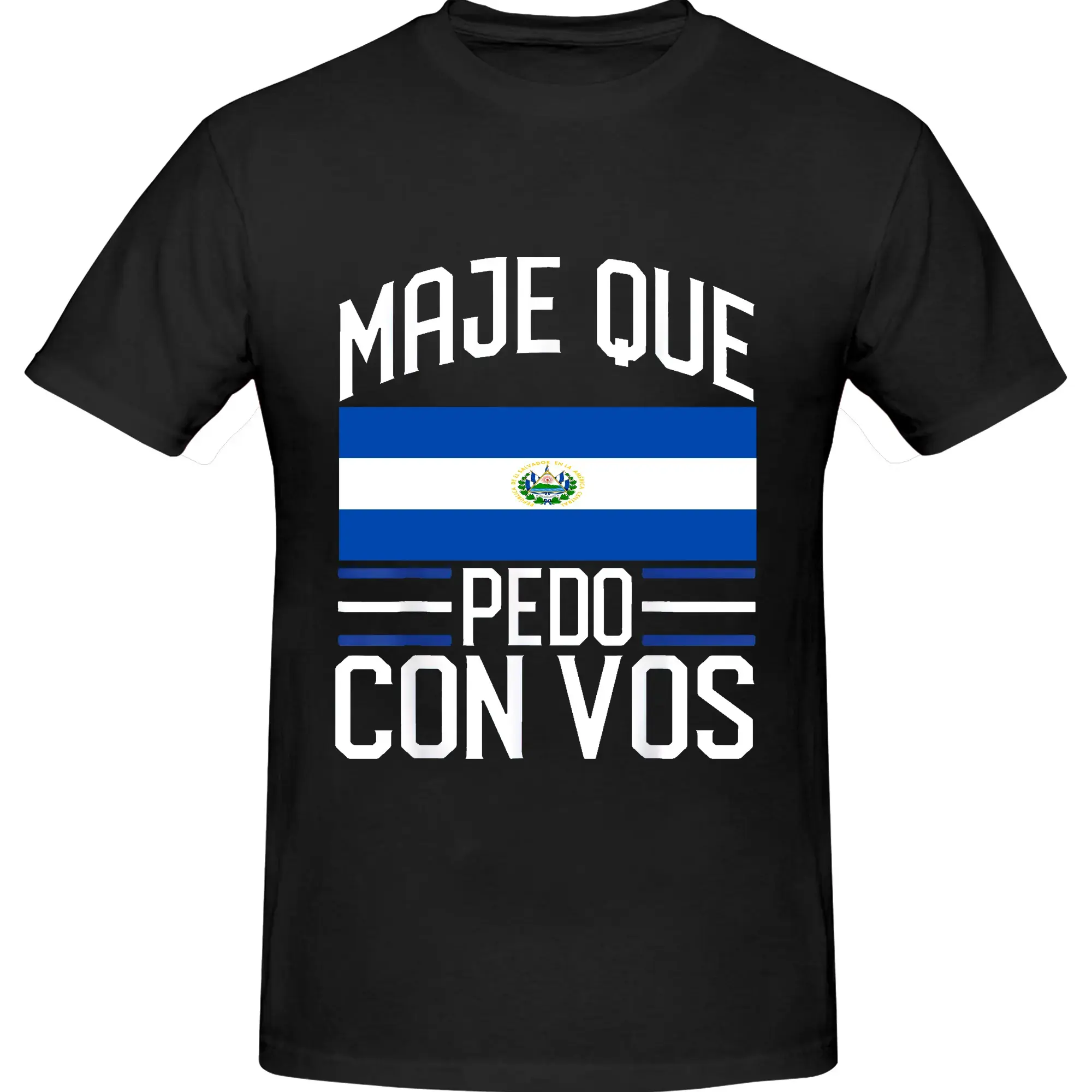 100% Cotton Salvador Flag T-Shirt with Round Neck and Short Sleeve Print, Catracho Pride, Maje Que Pedo Con Vos Fabric Summer