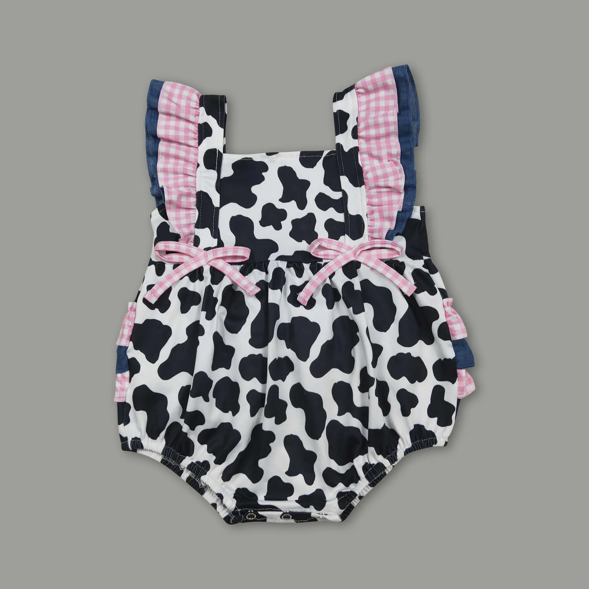 Baby Girl's Cow Print Bubble Romper, Printed Cotton Jersey Farmhouse Bodysuit, Summer Outfit Set with Hair Bow, Animals, Printed Cotton Jersey Baby Girls Bodysuits & One-Pieces